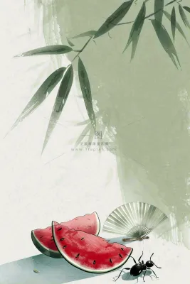 夏天国风竹叶西瓜蒲扇凉快清新插画处暑插画背景 夏天国风竹叶西瓜蒲扇凉快清新插画处暑插画背景
