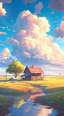 蓝天草坪上小屋房子在河流旁，河面倒影