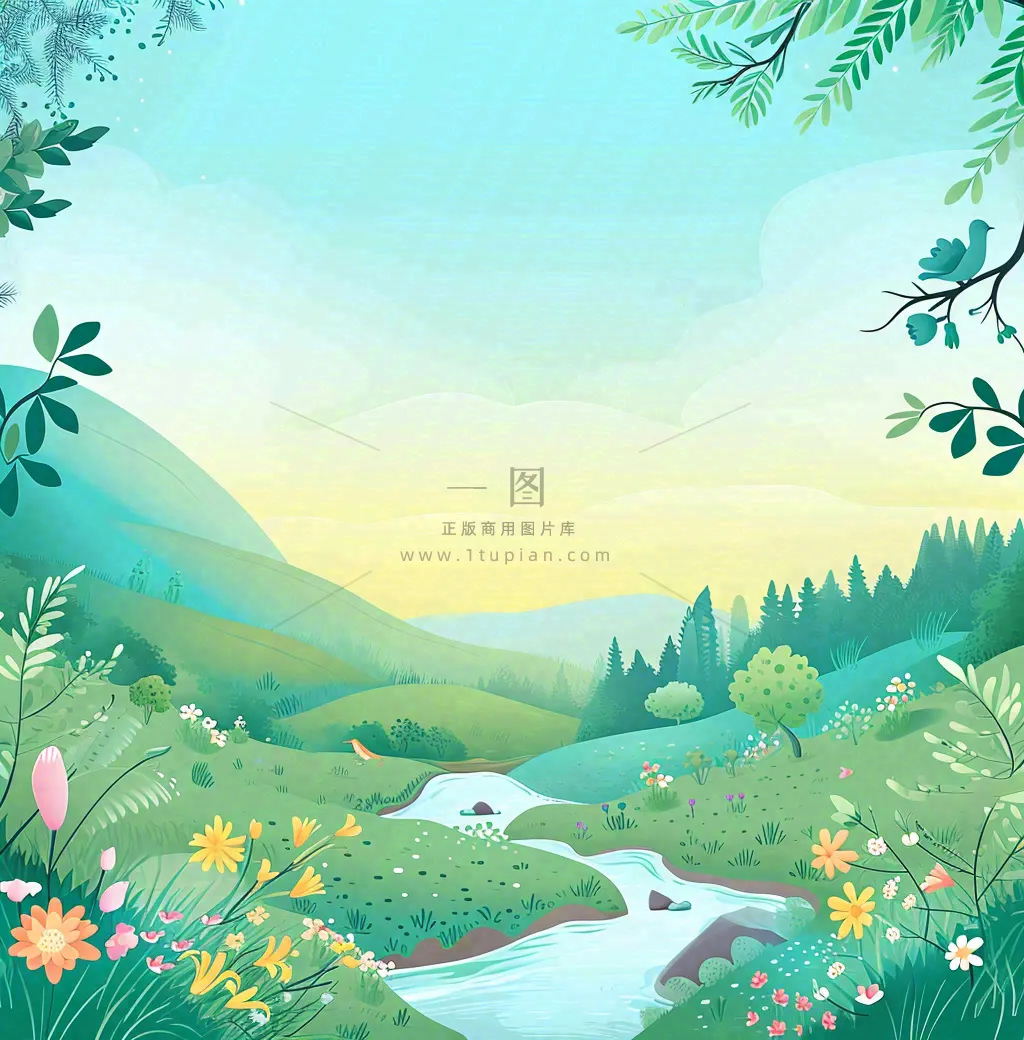 春天山脉小溪河流花丛绿植清新手绘插画，春分惊蛰