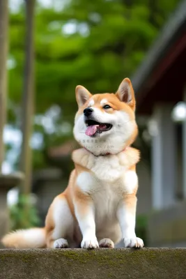 一只可爱的柴犬宠物狗坐着台阶上开心摄影图