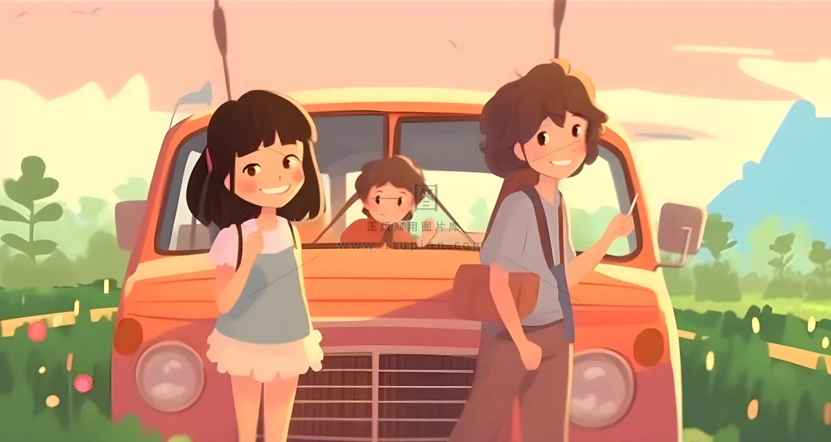 开车旅游草原花草人物卡通插画背景