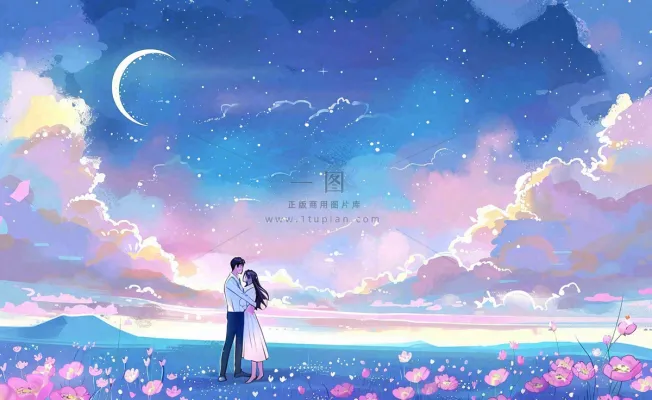 浪漫夜晚月光下花丛里的恋人情侣相拥梦幻场景七夕情人节卡通插画背景