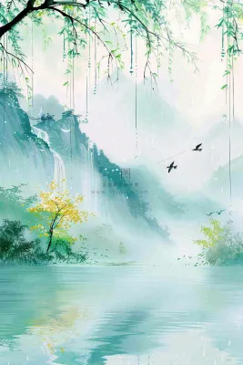 春天雨水水墨山水柳树柳枝燕子黄花盛开清明端午插画背景 春天雨水水墨山水柳树柳枝燕子黄花盛开清明端午插画背景