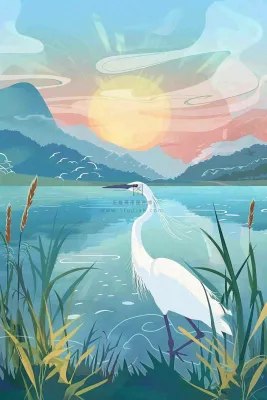 秋日芦苇荡的白鹭湖泊山水日落白露寒露插画背景 秋日芦苇荡的白鹭湖泊山水日落白露寒露插画背景