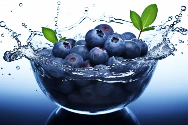 清洗蓝莓掉落水中水花四溅摄影图