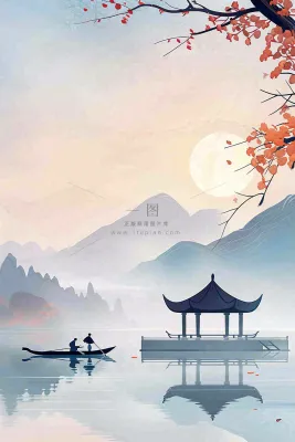中国风山水凉亭霜降插画背景 中国风山水凉亭霜降插画背景