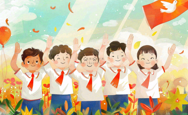 卡通红领巾学生举手旗帜和平鸽班长竞选祖国花朵国庆卡通插画背景