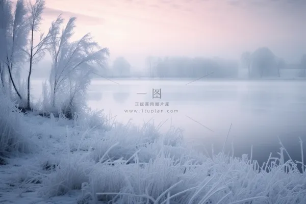 冬天清晨湖边的草地树木被白雪覆盖雾凇摄影图