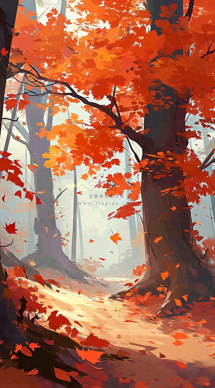 秋天红色秋叶树落叶温馨自然风景,立秋手绘插画