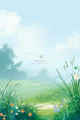 春日郊游草坪小路小花踏青手绘插画，立春春分