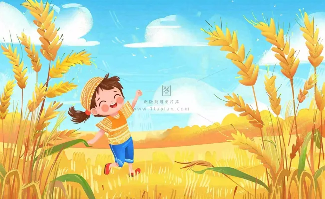 秋天丰收季麦田农田麦穗儿童嬉戏游玩芒种立秋处暑秋分卡通插画背景