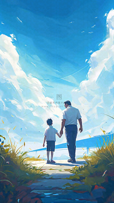 蓝天白云下父亲牵着手,父爱背影亲情伟大感恩 蓝天白云下父亲牵着手,父爱背影亲情伟大感恩