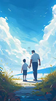 蓝天白云下父亲牵着手,父爱背影亲情伟大感恩 蓝天白云下父亲牵着手,父爱背影亲情伟大感恩