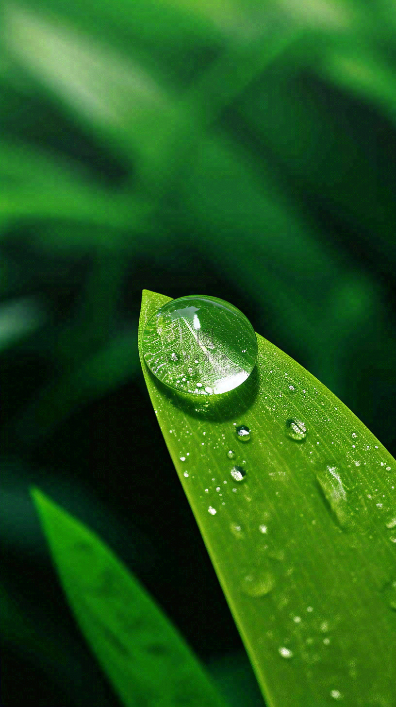 春天树叶草叶上晶莹剔透的水珠,雨水摄影图