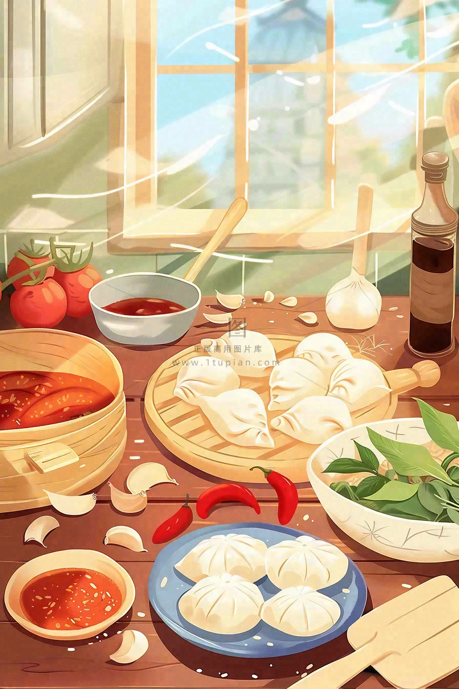 中国传统美食饺子蘸料冬天节日冬至插画背景