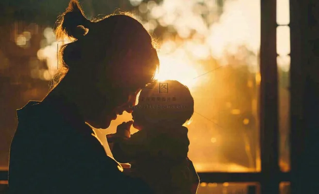 母亲节晚霞光辉妈妈抱着孩子摄影图