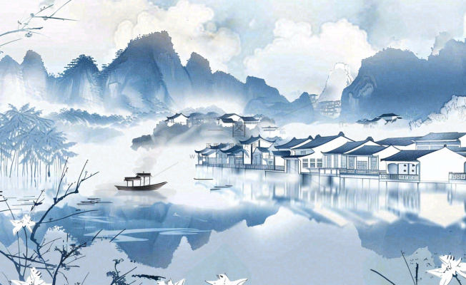 水墨山水江南水乡屋檐白露寒露冷清插画背景