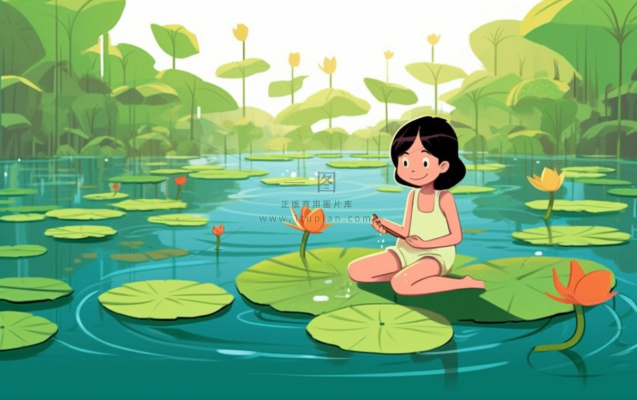 湖泊坐着睡莲上的人碧蓝插画背景 湖泊坐着睡莲上的人碧蓝插画背景