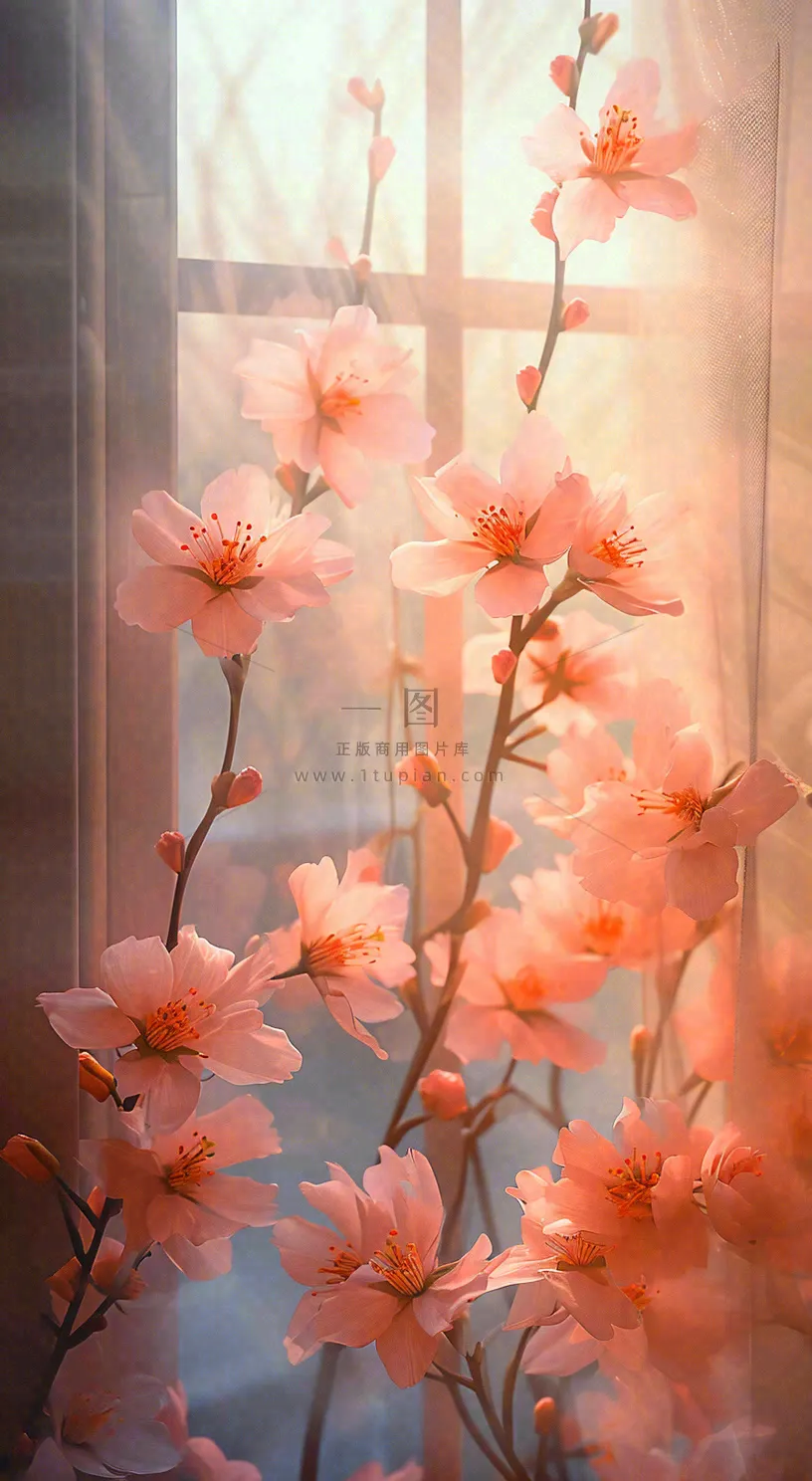 春天窗台粉色渐变鲜花,枝叶