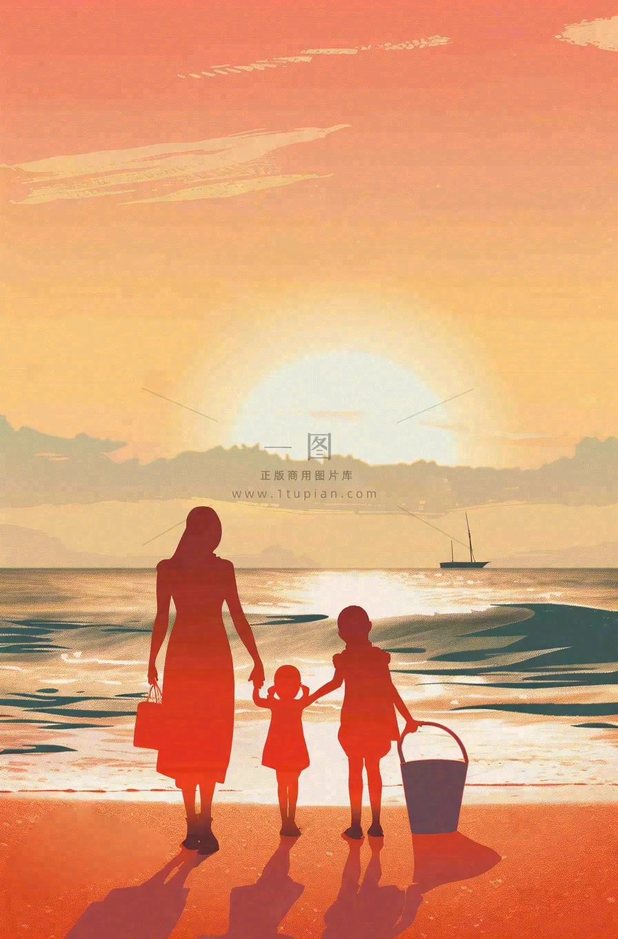夕阳晚霞下的海洋沙滩亲子散步母亲节插画背景