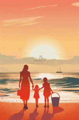 夕阳晚霞下的海洋沙滩亲子散步母亲节插画背景 夕阳晚霞下的海洋沙滩亲子散步母亲节插画背景