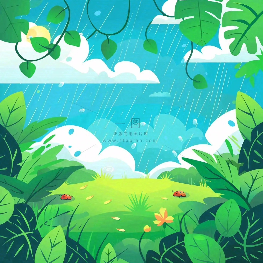 惊蛰雨水谷雨春天卡通手绘插画瓢虫昆虫绿色花草卡通插画背景