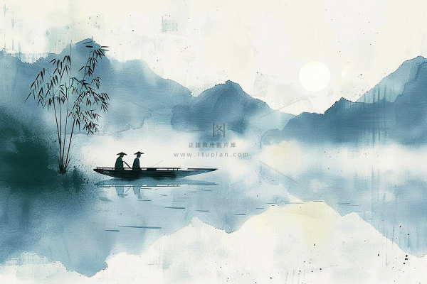 水墨山水画小船河面山川连绵国画插画背景