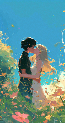 蓝天白云下情侣拥抱亲吻爱情，鲜花小草，情清新人节