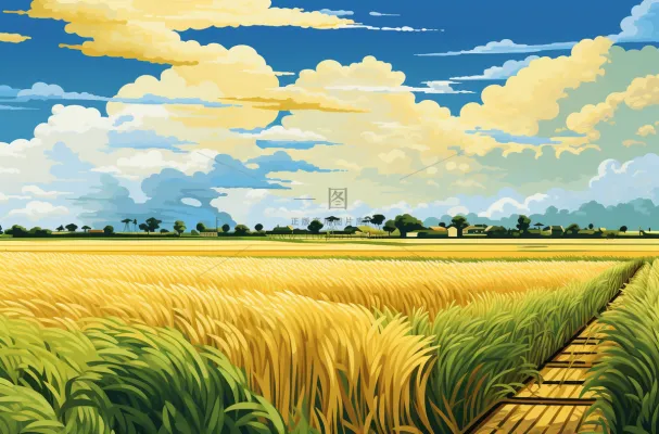 秋天成熟的金黄麦田稻田卡通插画素材图