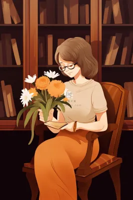 戴眼镜教师书籍鲜花暗黄色背景 戴眼镜教师书籍鲜花暗黄色背景
