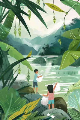 夏天孩子们在森林丛林小溪玩水嬉水处暑夏至卡通插画背景 夏天孩子们在森林丛林小溪玩水嬉水处暑夏至卡通插画背景