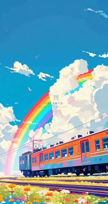 蓝天白云户外铁路草地彩虹手绘,色彩缤纷 蓝天白云户外铁路草地彩虹手绘,色彩缤纷