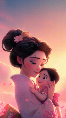 母亲节妈妈亲情抱着孩子鲜花光辉插画背景 母亲节妈妈亲情抱着孩子鲜花光辉插画背景