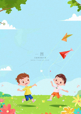 蓝天草坪上放风筝的孩子们儿童节卡通插画背景 蓝天草坪上放风筝的孩子们儿童节卡通插画背景