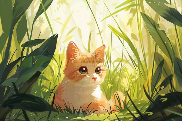 春日草丛里的猫橘猫可爱卡通插画背景 春日草丛里的猫橘猫可爱卡通插画背景