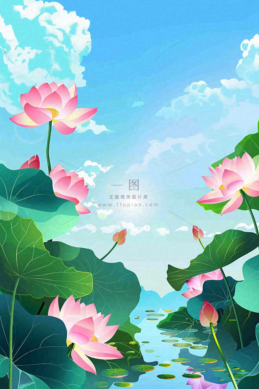 炎炎夏日烈日荷花池荷叶蓝天立夏小暑大暑处暑卡通插画背景