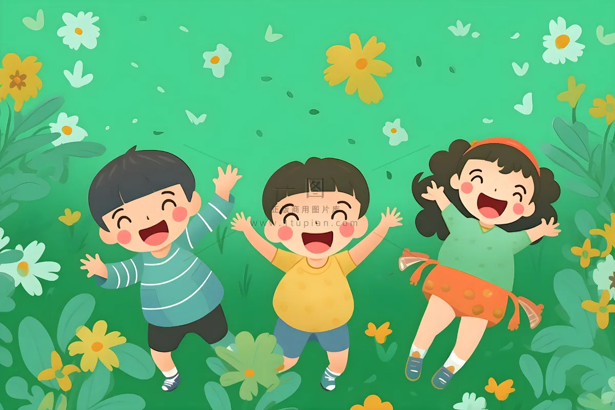 儿童躺着绿色草地上花草海报插画素材背景