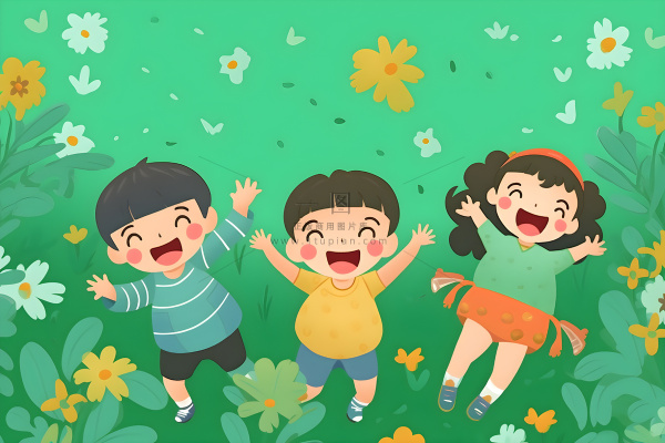 儿童躺着绿色草地上花草海报插画素材背景 儿童躺着绿色草地上花草海报插画素材背景