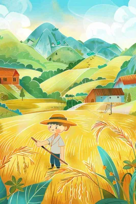 秋天农田丰收山村村庄稻草人水稻小麦立秋秋分芒种卡通插画背景