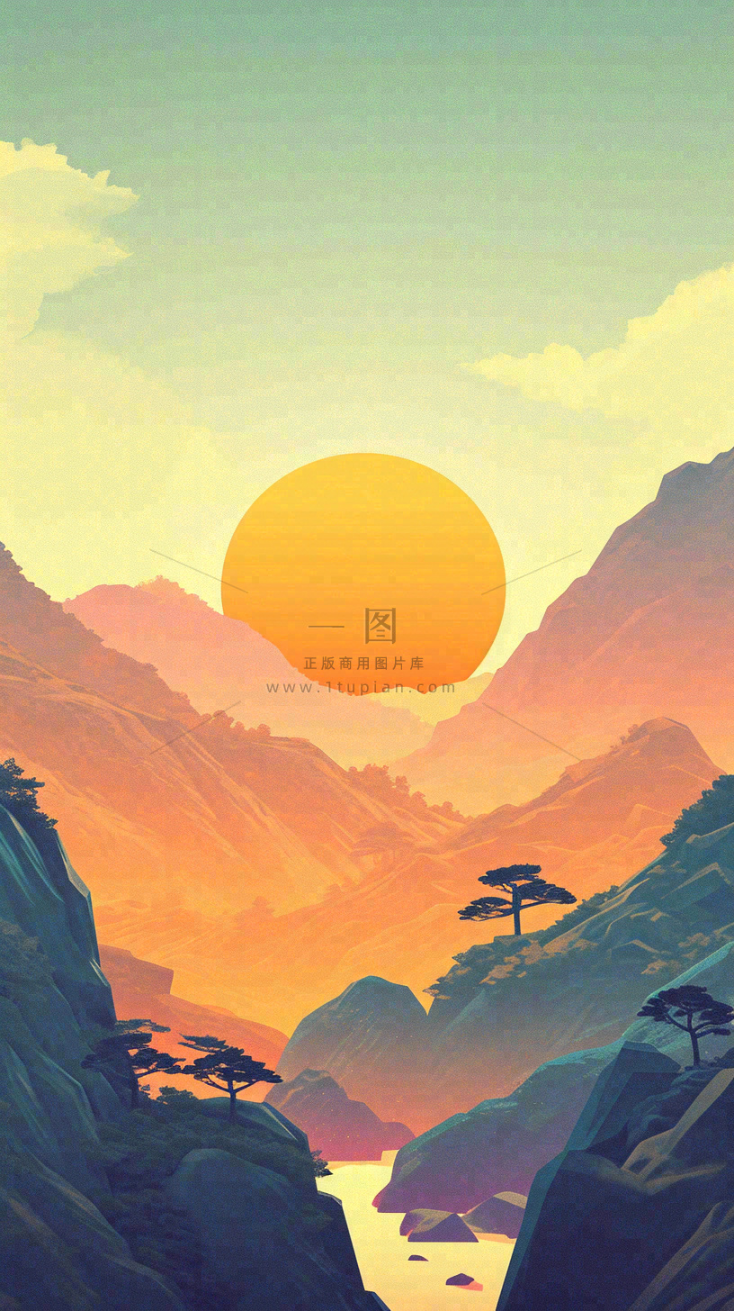 落日山脉河流小溪扁平手绘插画,旅行游玩登山郊游