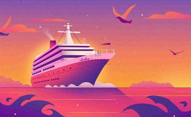 夕阳落日下的海上邮轮船海鸥度假旅游建军卡通插画背景