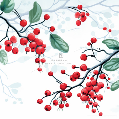 树枝上的红色果实小清新植物水墨画插画素材