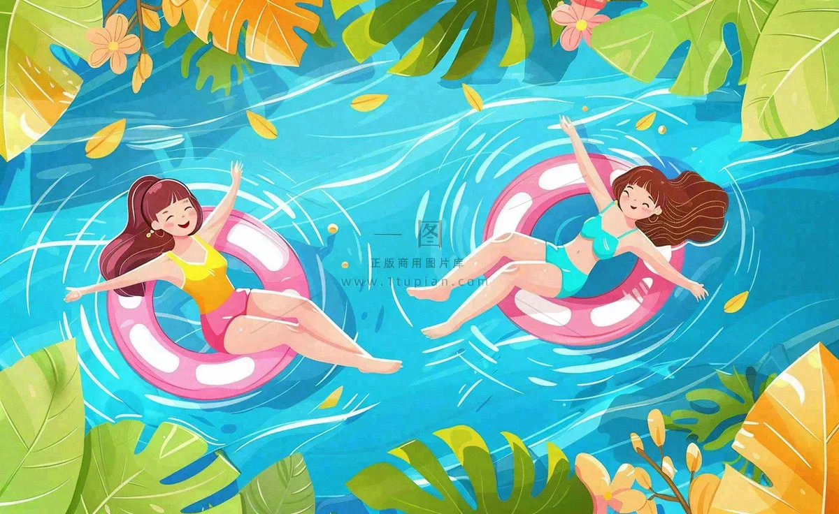 夏天游泳泳池人物游泳女孩蓝色背景泳圈夏日运动立夏大暑小暑夏至卡通插画背景