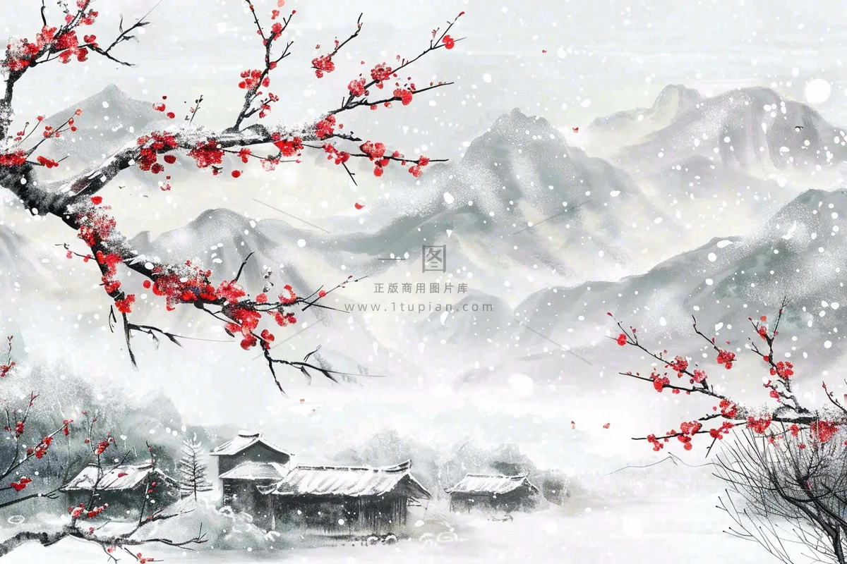 冬天山林里的小村庄红梅花白雪覆盖国风水墨画立冬冬至小雪大雪插画