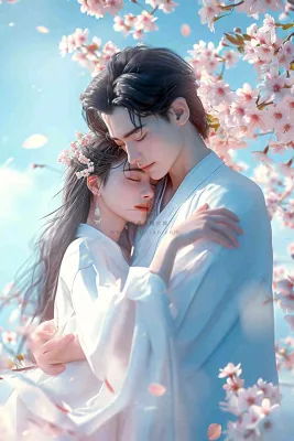 爱情情侣拥抱情人节浪漫粉色花朵，蓝天白云