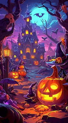 恐怖气氛万圣节南瓜屋子，西方节日卡通