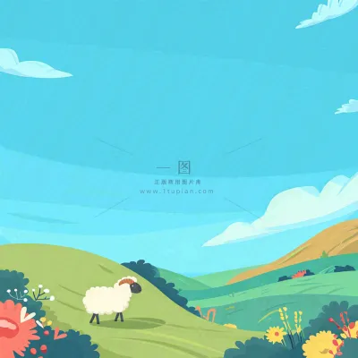 春天清新蓝天白云草地绵羊花朵扁平插画手绘 春天清新蓝天白云草地绵羊花朵扁平插画手绘