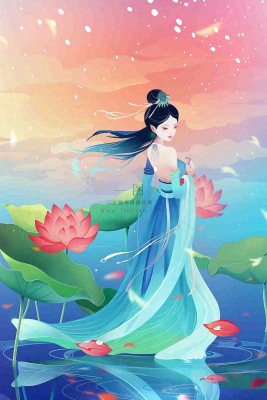 夏天古风国风古装少女荷花莲花池塘夜晚赏月夏至处暑中秋插画背景
