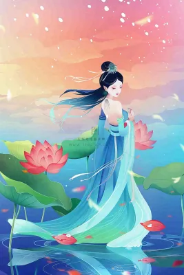 夏天古风国风古装少女荷花莲花池塘夜晚赏月夏至处暑中秋插画背景 夏天古风国风古装少女荷花莲花池塘夜晚赏月夏至处暑中秋插画背景