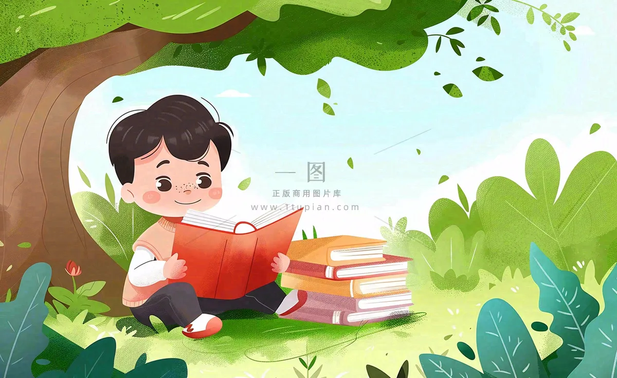 大自然阅读书本知识大树草坪世界读书日卡通插画背景